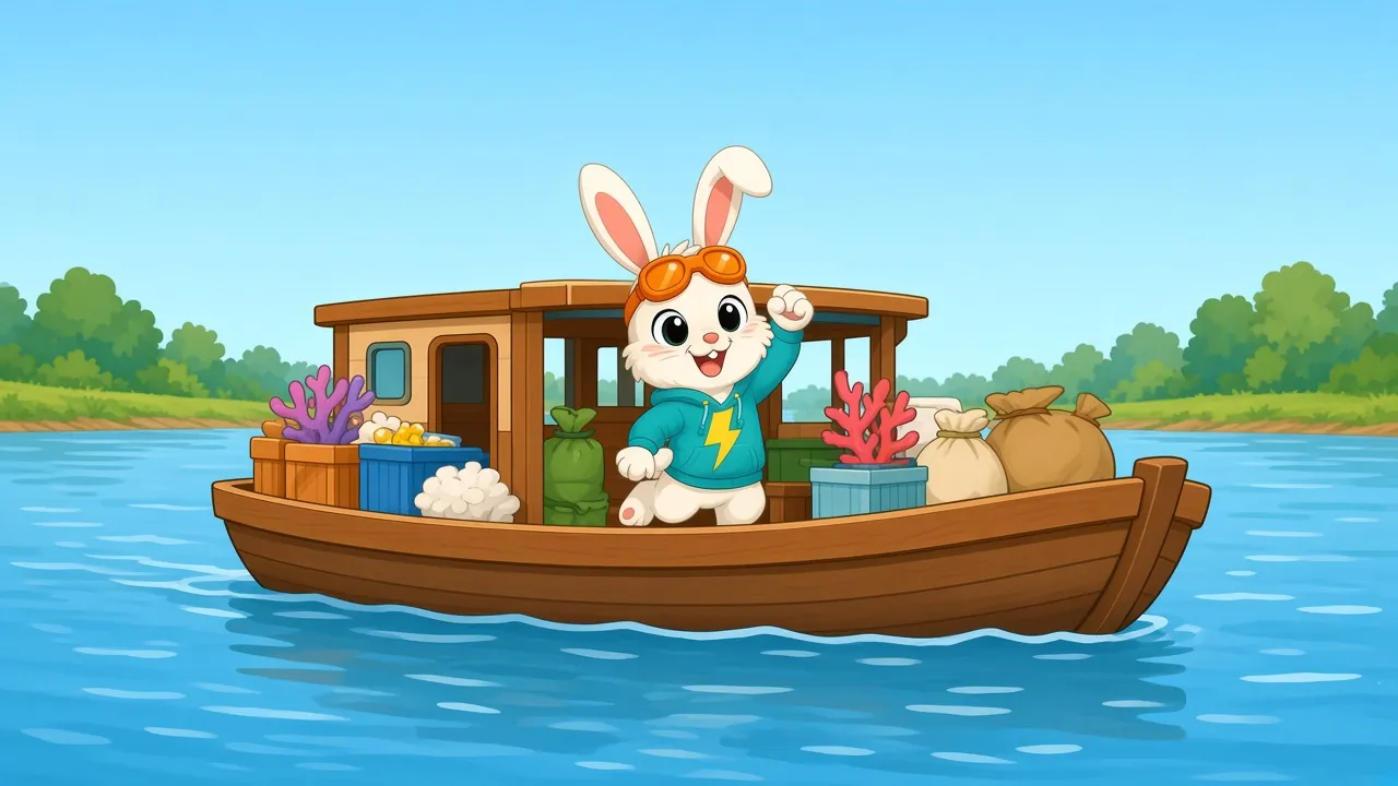Cartoon Mekong ferry with crates on deck and Pogo aboard