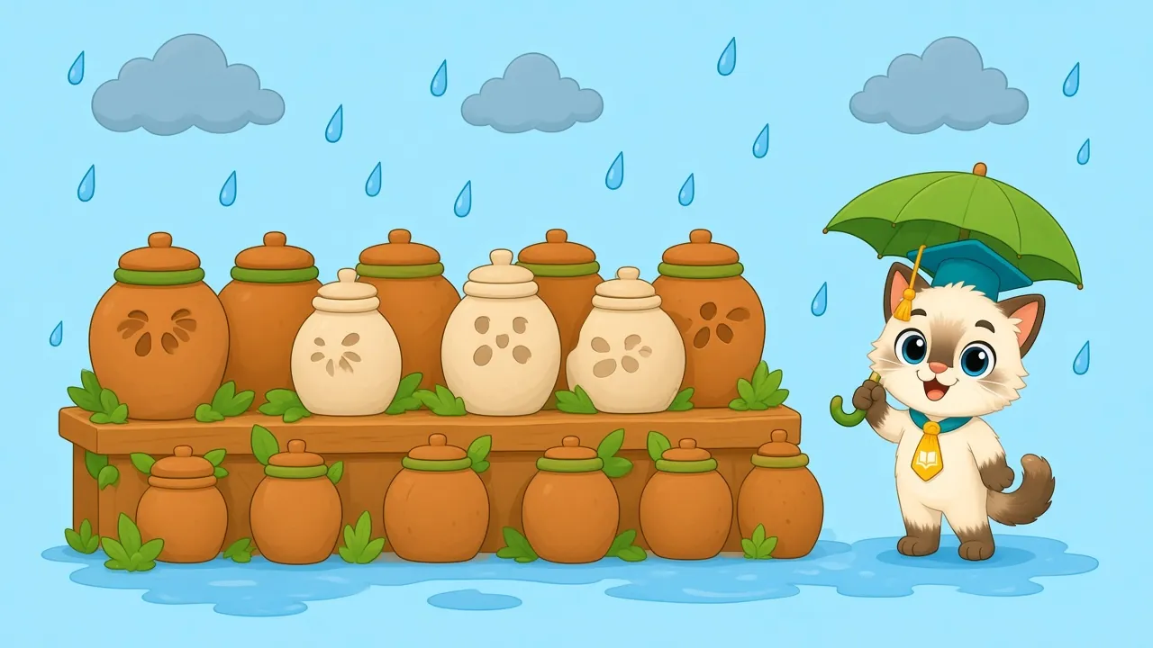 Cartoon clay water jars in monsoon rain, with Wizzy under an umbrella