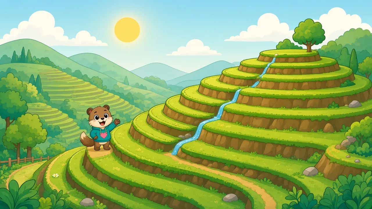 Cartoon Sapa rice terraces with water running downhill